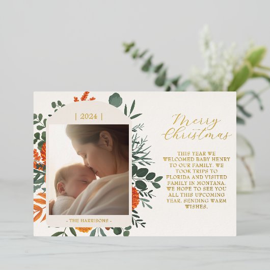 Boho Winter Bloemen Lange Bericht Kerstmis Folie Feestdagenkaart (Staand Voorkant)