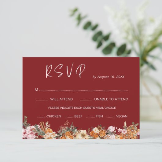 Boho Winter Bruiloft Burgundy QR Code RSVP Kaartje (Staand voorkant)