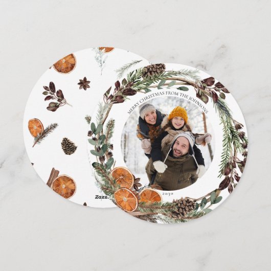 Boho Winter Citrus Round Photo Holiday Kaart (Voorkant / Achterkant)
