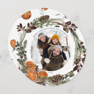 Boho Winter Citrus Round Photo Holiday Kaart