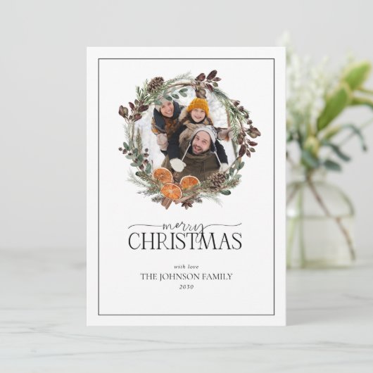Boho Winter Citrus Wreath Merry Kerstfoto Ho Feestdagenkaart (Staand voorkant)