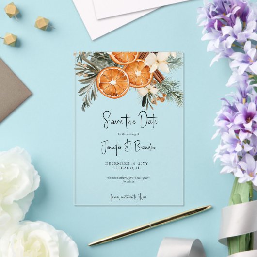 Boho Winter Greenery dry sinaasappels Bewaar de da Acryl Uitnodigingen (Insitu (Huwelijk))