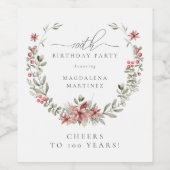 Boho Winter Greenery Red Floral 100e verjaardag Wijn Etiket (Enkel label)