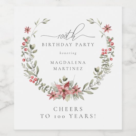 Boho Winter Greenery Red Floral 100e verjaardag Wijn Etiket (Enkel label)