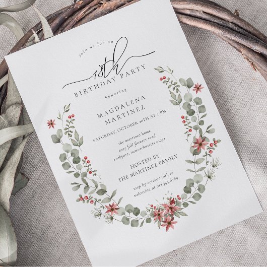Boho Winter Greenery Red Floral 18e verjaardag Kaart