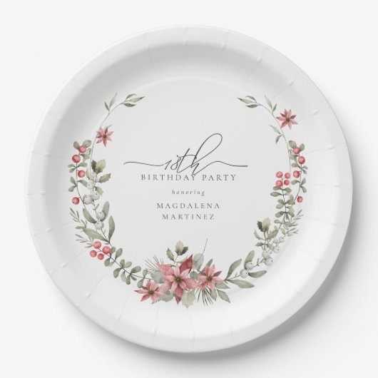 Boho Winter Greenery Red Floral 18e verjaardag Papieren Bordje (Voorkant)