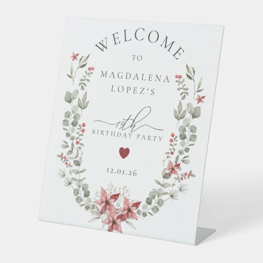 Boho Winter Greenery Red Floral 19e verjaardag Reclamebord Met Voetstuk (Voorkant)