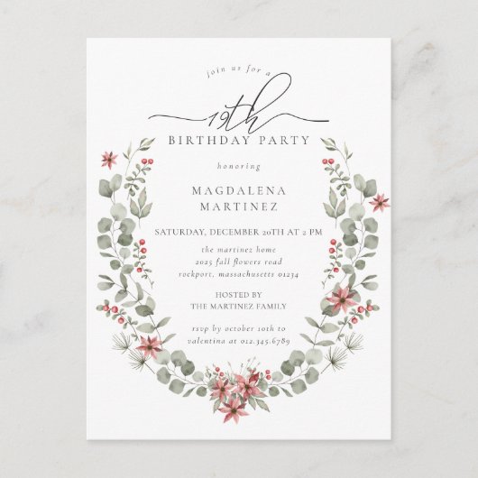 Boho Winter Greenery Red Floral 19e verjaardag Uitnodiging Briefkaart (Voorkant)