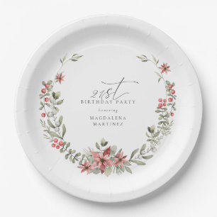 Boho Winter Greenery Red Floral 21ste verjaardag Papieren Bordje