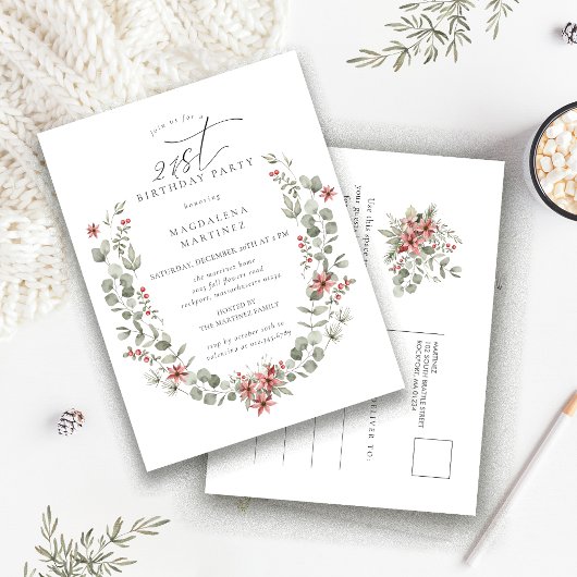 Boho Winter Greenery Red Floral 21ste verjaardag Uitnodiging Briefkaart