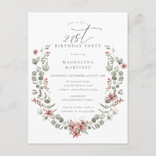 Boho Winter Greenery Red Floral 21ste verjaardag Uitnodiging Briefkaart (Voorkant)