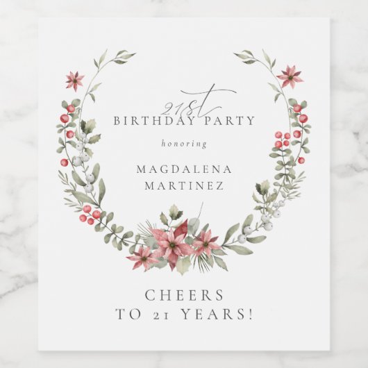 Boho Winter Greenery Red Floral 21ste verjaardag Wijn Etiket (Enkel label)