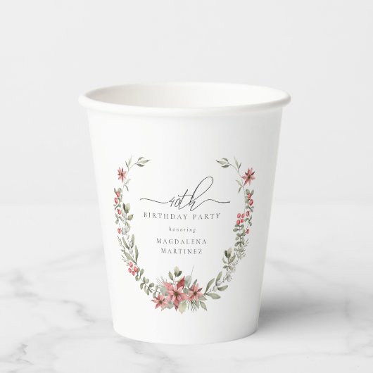 Boho Winter Greenery Red Floral 40e verjaardag Papieren Bekers (Voorkant)