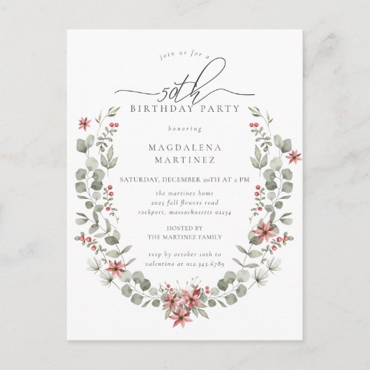 Boho Winter Greenery Red Floral 50e verjaardag Uitnodiging Briefkaart (Voorkant)