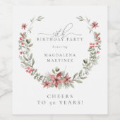 Boho Winter Greenery Red Floral 50e verjaardag Wijn Etiket (Enkel label)