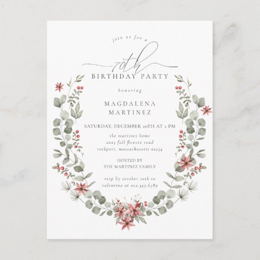 Boho Winter Greenery Red Floral 70e verjaardag Uitnodiging Briefkaart (Voorkant)