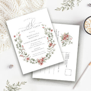 Boho Winter Greenery Red Floral 70e verjaardag Uitnodiging Briefkaart