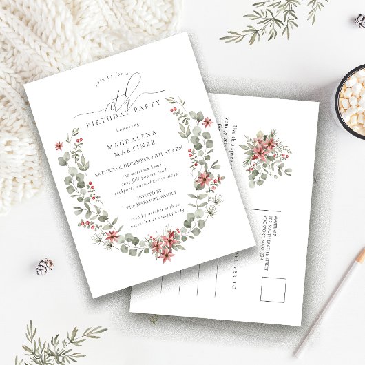 Boho Winter Greenery Red Floral 70e verjaardag Uitnodiging Briefkaart