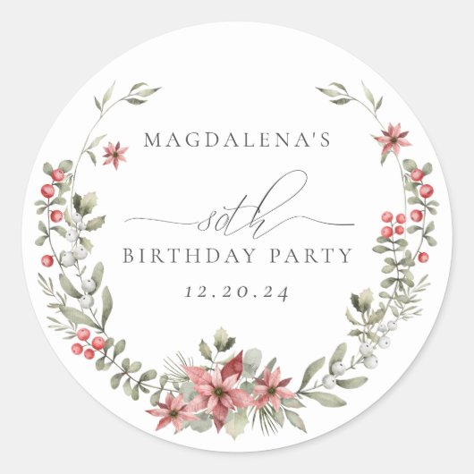 Boho Winter Greenery Red Floral 80ste verjaardag Ronde Sticker (Voorkant)