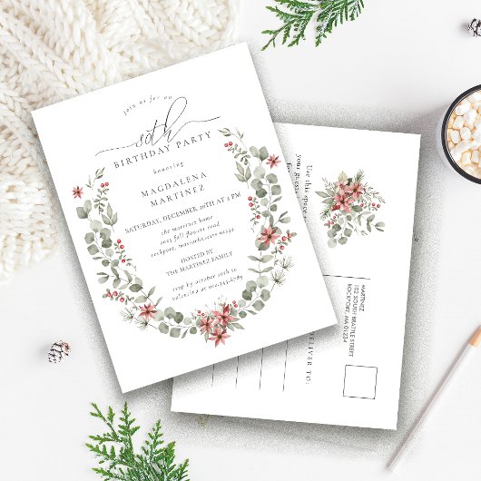 Boho Winter Greenery Red Floral 80ste verjaardag Uitnodiging Briefkaart