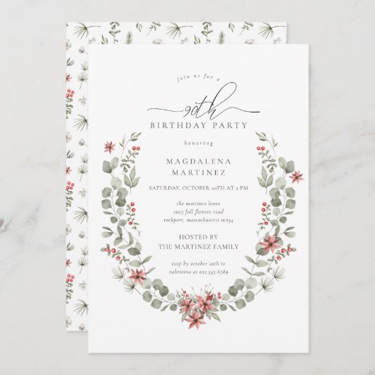 Boho Winter Greenery Red Floral 90ste verjaardag Kaart (Voorkant / Achterkant)