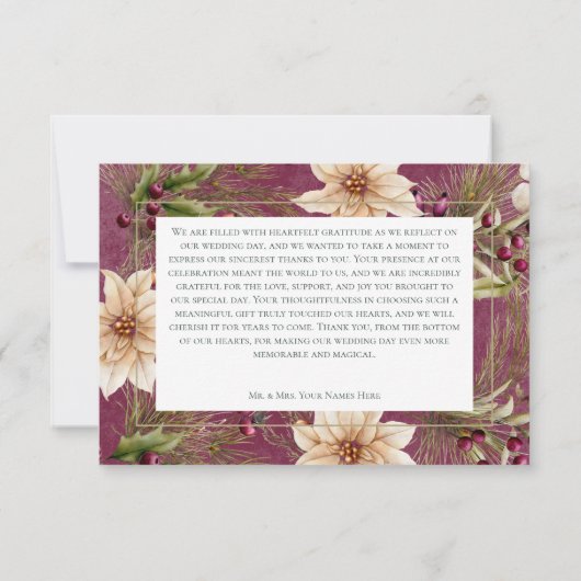 Boho Winter groen Boughs Bourgogne bruiloft Bedankkaart (Achterkant)