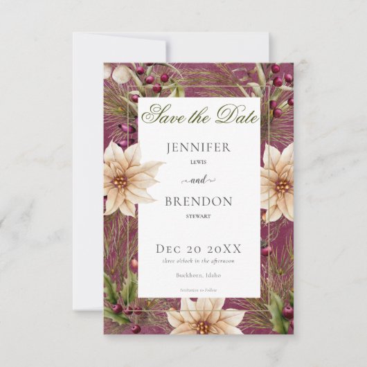 Boho Winter groen Boughs Bourgogne Save The Date (Voorkant)