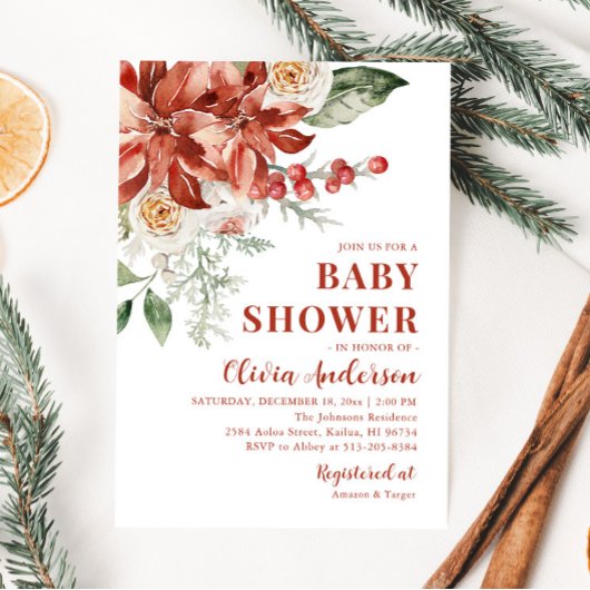 Boho Winter Rode Bloemen Kerst Baby shower Kaart