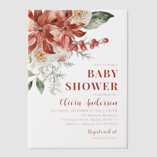 Boho Winter Rode Bloemen Kerst Baby shower Vellum Uitnodigingen (Voorkant)