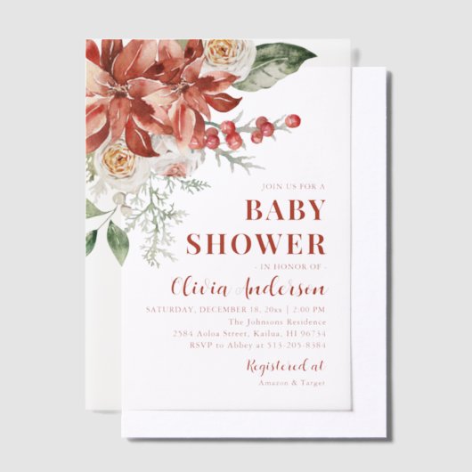 Boho Winter Rode Bloemen Kerst Baby shower Vellum Uitnodigingen (Offset)