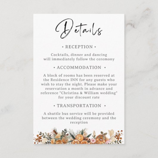 Boho Winter Vakantie Bruiloft Botanische Details Informatiekaartje (Voorkant)