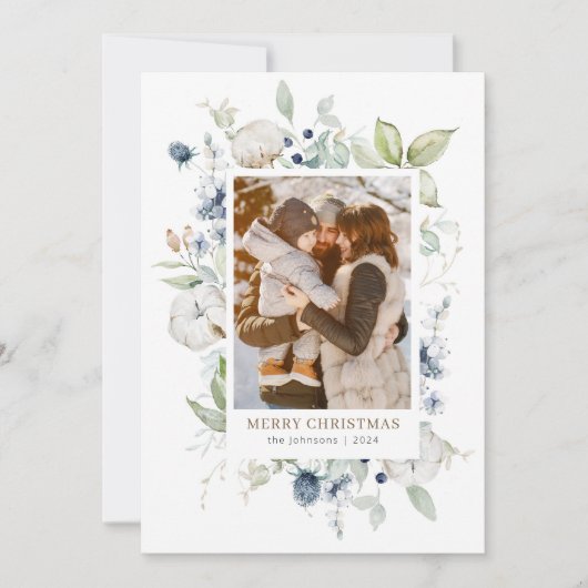 Boho Winter Waterverf groen gebladerte foto Feestdagenkaart (Voorkant)