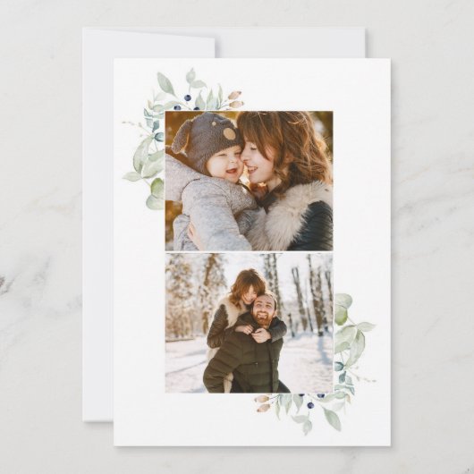 Boho Winter Waterverf groen gebladerte foto Feestdagenkaart (Achterkant)