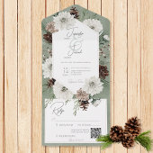 Boho Winter Wit Bloemen & Pijngroen QR Code All In One Uitnodiging