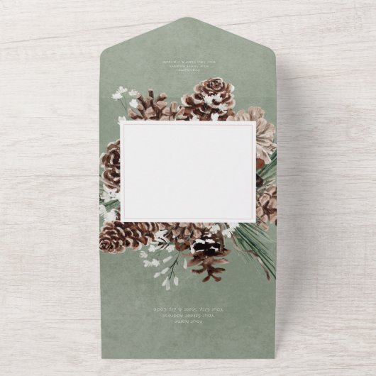 Boho Winter Wit Bloemen & Pijngroen QR Code All In One Uitnodiging (Buitenkant)