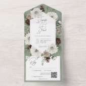 Boho Winter Wit Bloemen & Pijngroen QR Code All In One Uitnodiging (Binnen)