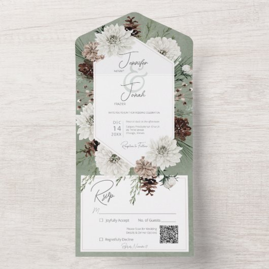 Boho Winter Wit Bloemen & Pijngroen QR Code All In One Uitnodiging (Binnen)