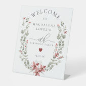 Boho Wintergroen Rood Bloemendesign 40ste Verjaard Reclamebord Met Voetstuk (Voorkant)