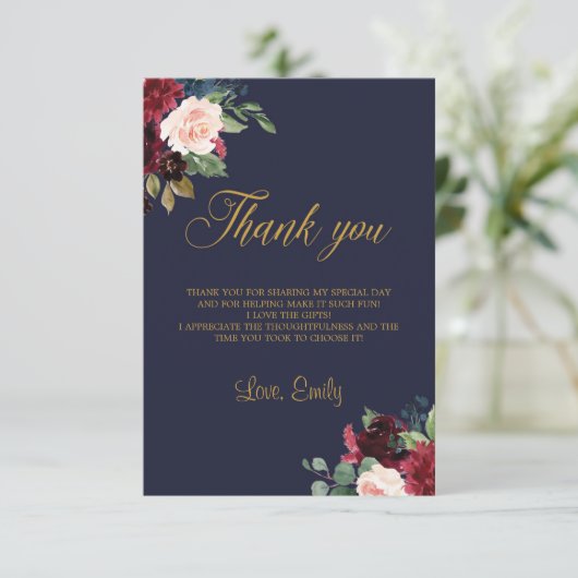 Boho wintermarine bordeaux bloemenschip vrijgezell bedankkaart (Staand voorkant)