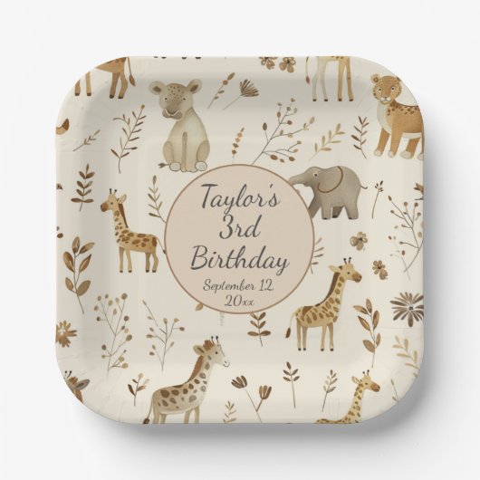 Boho Wit Beige Oerwoud Dieren Verjaardag Papieren Bordje (Voorkant)