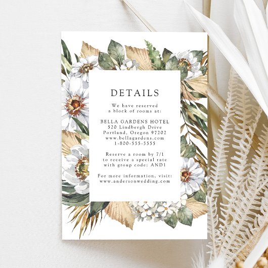 Boho Wit Bloemen & Groen Bruiloft Details Informatiekaartje