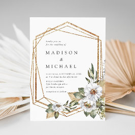 Boho Wit Bloemen & Groen Geometrische bruiloft Kaart