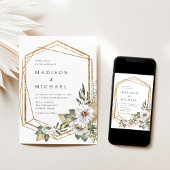 Boho Wit Bloemen & Groen Geometrische bruiloft Kaart