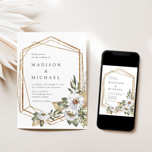 Boho Wit Bloemen & Groen Geometrische bruiloft Kaart