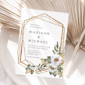 Boho Wit Bloemen & Groen Geometrische bruiloft Kaart
