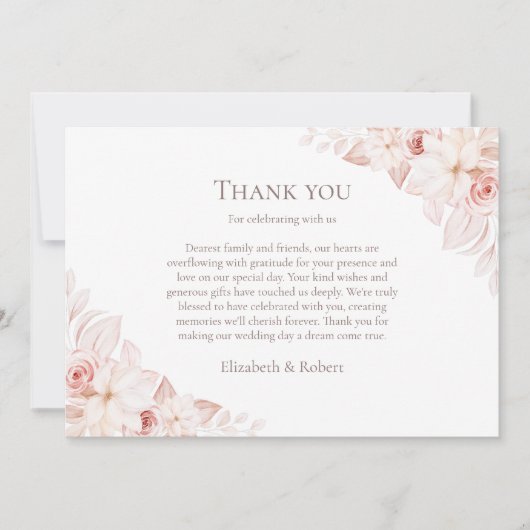 Boho Wit en Blush Roze Rozen Bruiloft Bedankkaart (Voorkant)