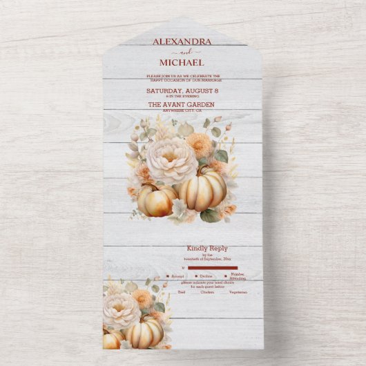 Boho Wit en Goud Glitter Pompoenen Bruiloft All In One Uitnodiging (Binnen)