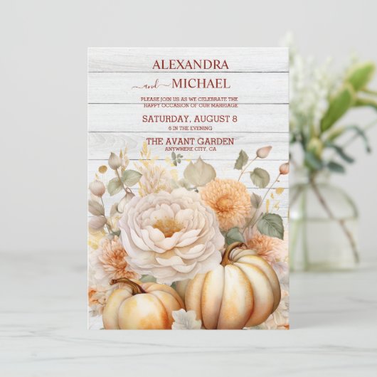 Boho Wit en Goud Glitter Pompoenen Bruiloft Kaart (Staand voorkant)