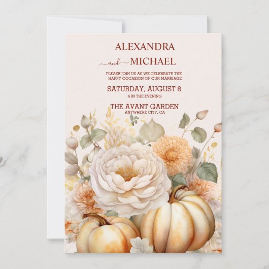 Boho Wit en Goud Glitter Pompoenen Bruiloft Kaart (Voorkant)