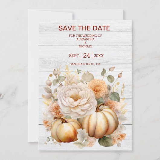 Boho Wit en Goud Glitter Pompoenen Bruiloft Save The Date (Voorkant)